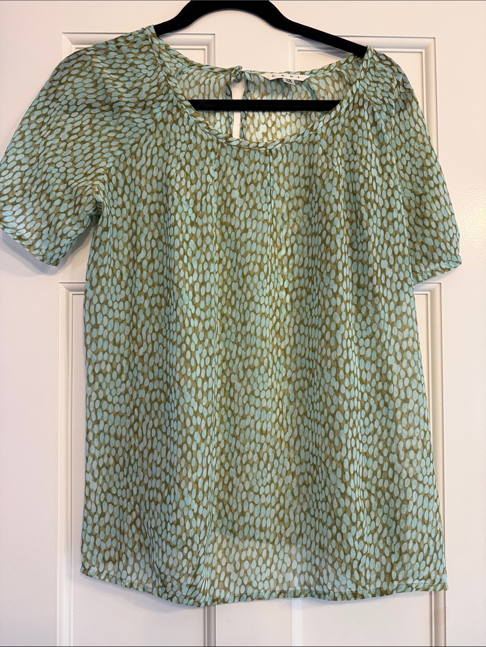 CAbi Short-Sleeve Scoop Neck Top in Mint and Olive Dot Print